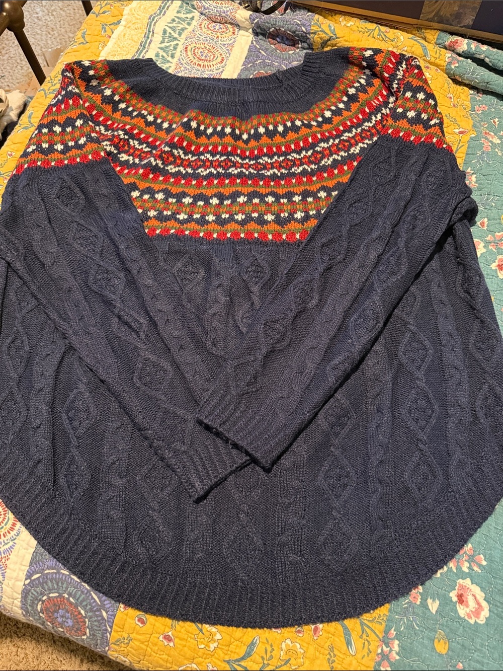 BloomChic Navy Cable Knit Sweater w/ Red and Orange Fair Isle Yoke & Curved Hem